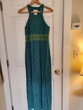 Prana Skye Maxi Halter Dress Size Medium Teal Organic Cotton Boho Earthy Resort